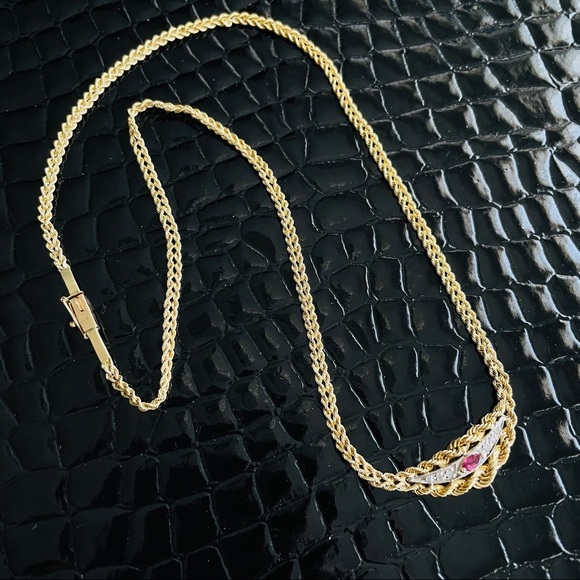 ESTATE 14K GOLD RUBY NECKLACE W/ DIAMONDS DOUBLE ROPE CHAIN - Picture 3 of 11